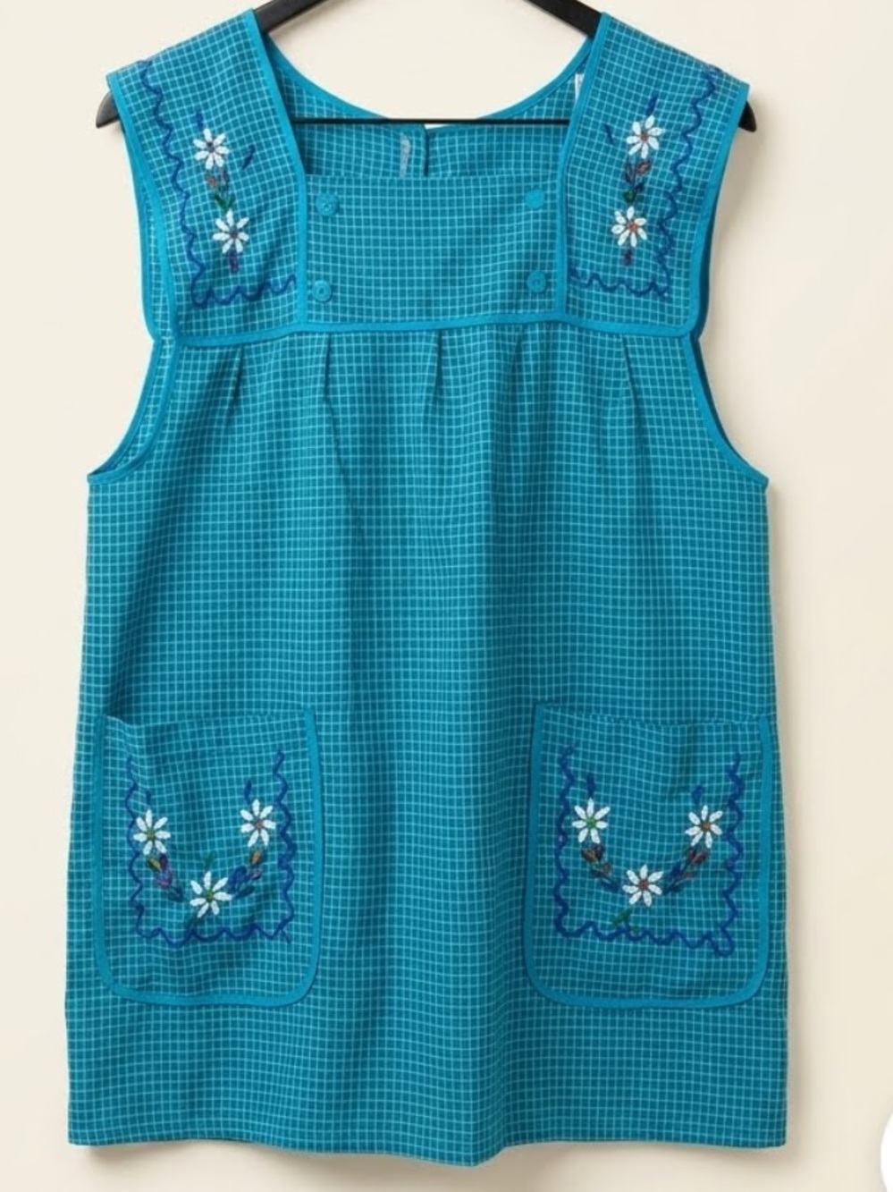 Traditional Mexican Inspired Blue Embroidered Checked Mandil, Cobbler Apron